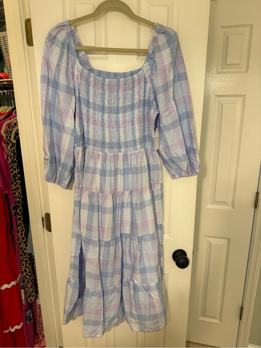 Time and Tru Girls' Light Blue and Lavender Plaid Smocked Midi Dress